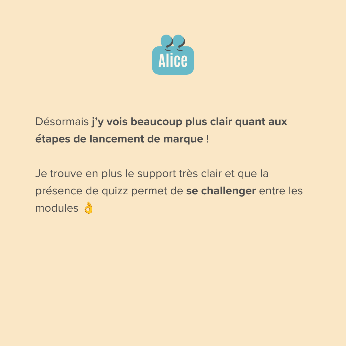 Désormais j’y vois beaucoup plus clair quant aux étapes de lancement de marque !  Je trouve en plus le support très clair et que la présence de quizz permet de se challenger entre les modules 👌